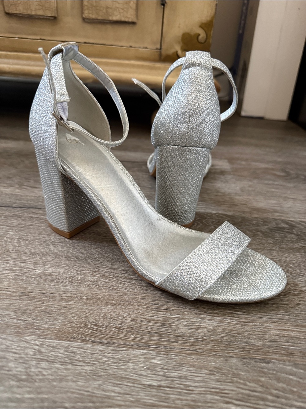 Silver mesh SZ 7 1/2  Block Heel Sandals with Ankle Strap. 3 1/2” heel like new